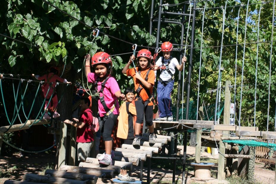 Parc d’Aventures a l'Anoia: Activitats per a tota la família 3 Parc d'aventura: Nens gaudint dels circuits aeris a Les Deus Aventura amb equip de seguretat. Gaudeix de activitats d'aventura al anoia.