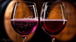 Vins naturals 3 Fermentació a la copa: Dues copes de vi, una amb escuma i l'altra amb vi tranquil, amb bótes de fusta al fons.