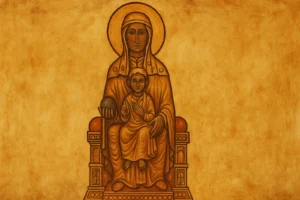 el monestir de montserrat 4 Dibuix iconogràfic de la Moreneta asseguda amb el Nen, sobre fons daurat apaisat
