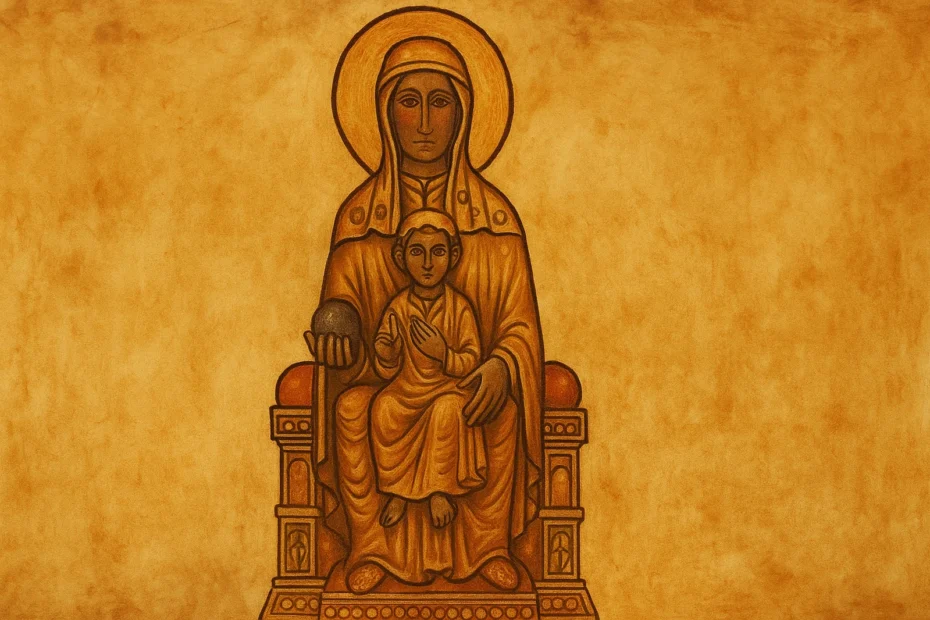 La Moreneta: llegenda i devoció de la Mare de Déu de Montserrat 4 Dibuix iconogràfic de la Moreneta asseguda amb el Nen, sobre fons daurat apaisat