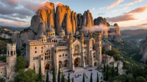 la història de montserrat 4 Vista del monestir de Montserrat il·luminat pel capvespre, amb les muntanyes emblemàtiques al fons. Estampa del mil·lenari de Montserrat