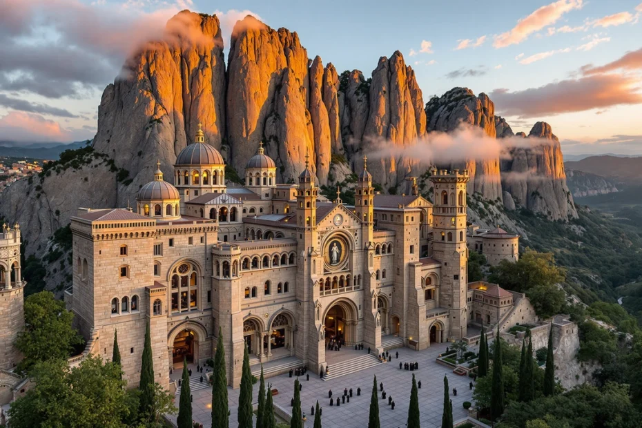 Mil·lenari de Montserrat 2025: mil anys de fe, cultura i tradició 3 Vista del monestir de Montserrat il·luminat pel capvespre, amb les muntanyes emblemàtiques al fons. Estampa del mil·lenari de Montserrat