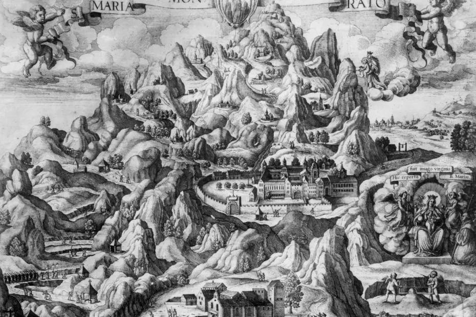 Montserrat en la història de Catalunya: símbol de fe, cultura i resistència 2 Gravació antiga de Montserrat amb representacions religioses i escenes de pelegrinatge, símbol de la història de Catalunya