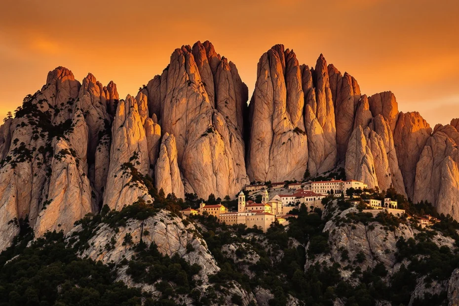 Els orígens de Montserrat: del mite a la història 5 Vista del monestir de Montserrat al capvespre, envoltat per les agulles rocoses, símbol clau en la història de mite de Montserrat.