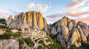 activitats a montserrat 17 Les meravelles de visitar montserrat: Vista panoràmica del monestir de Montserrat amb les muntanyes i el funicular de Sant Joan al capvespre