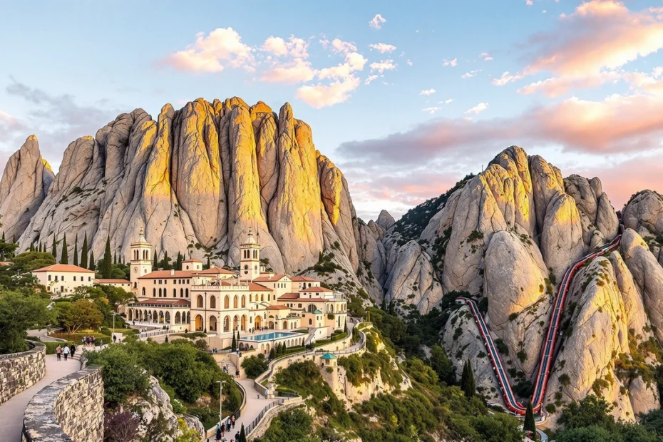 15 secrets per visitar Montserrat el 2025 (amb guia local completa) 2 Les meravelles de visitar montserrat: Vista panoràmica del monestir de Montserrat amb les muntanyes i el funicular de Sant Joan al capvespre